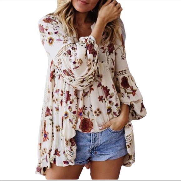 FREE PEOPLE Balloon Sleeve Floral Top with Crochet - Picture 3 of 3